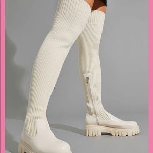 Knitted Thigh High Boots- White